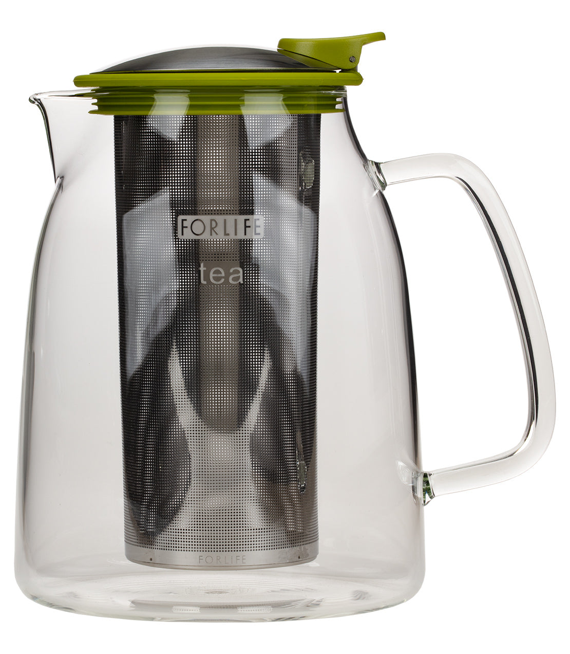 ForLife Mist Glass Iced Tea Jug, 68 oz, featuring a stainless steel infuser and a sleek design in assorted colors.