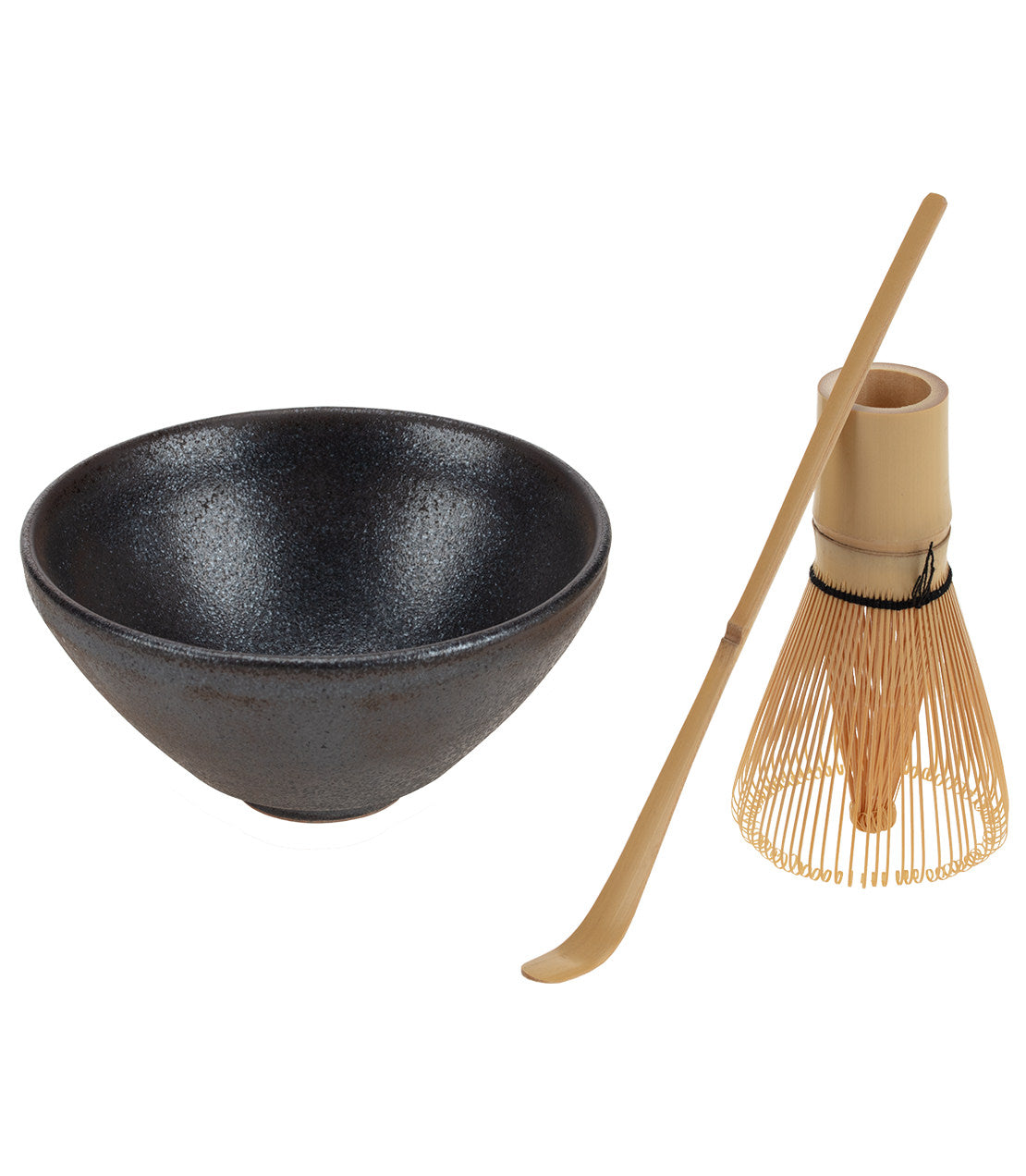 Assorted matcha set featuring a black bowl, bamboo whisk, and scoop for preparing matcha tea.