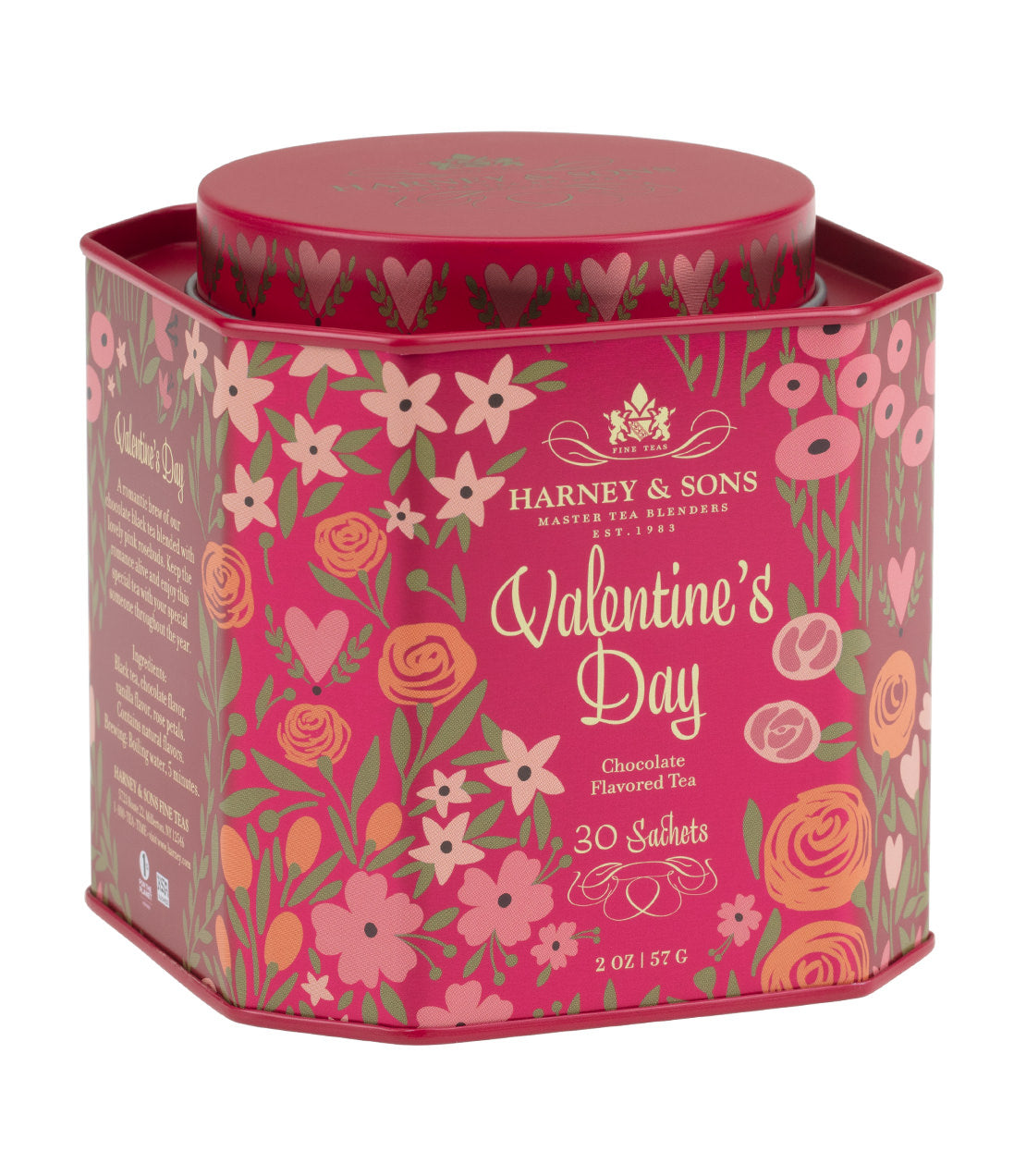 Valentine's Day chocolate-flavored tea by Harney & Sons in a floral-themed tin with 30 sachets.