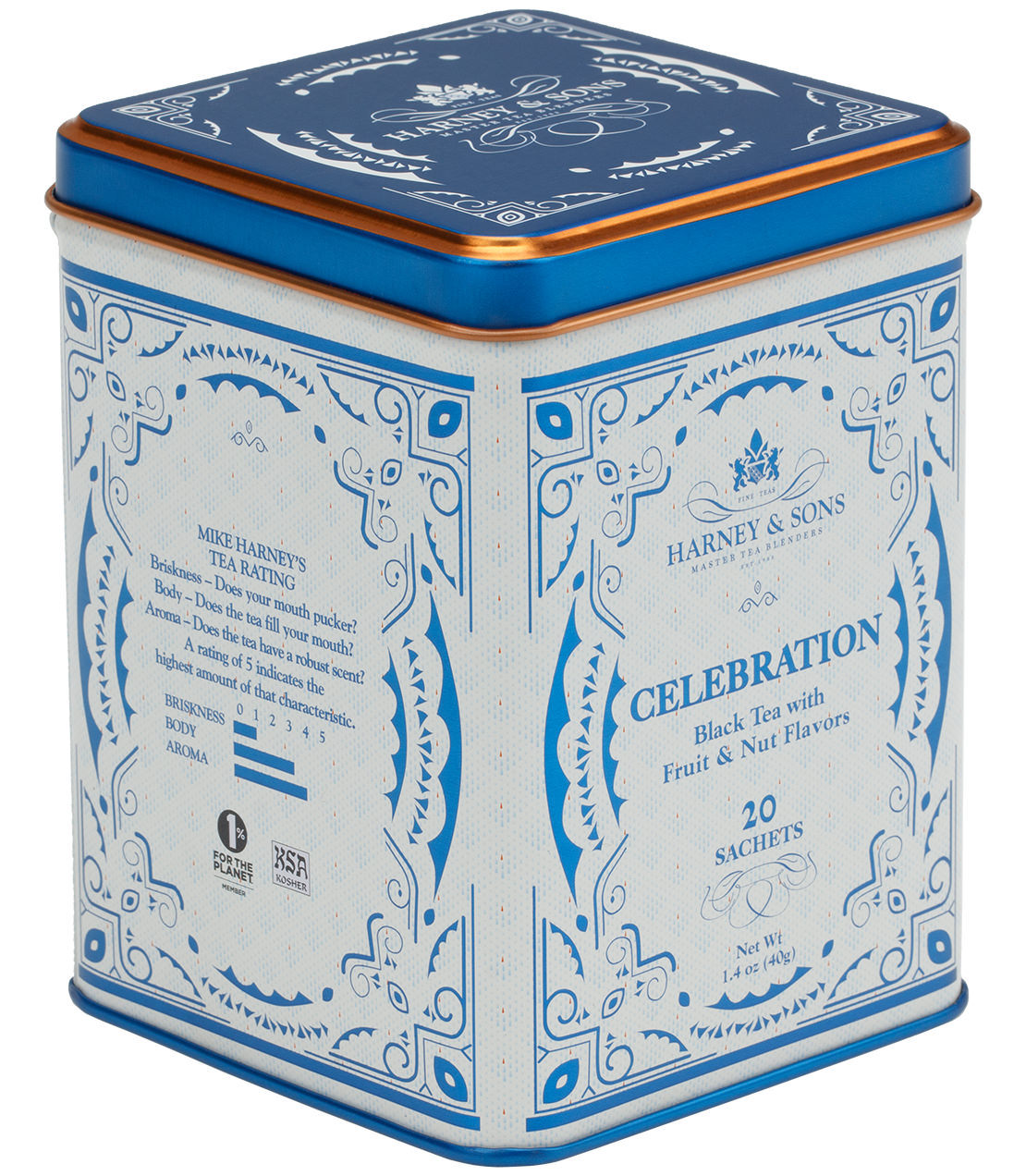 Blue decorative tin of Celebration Tea containing 20 sachets, featuring fruit and nut flavors.