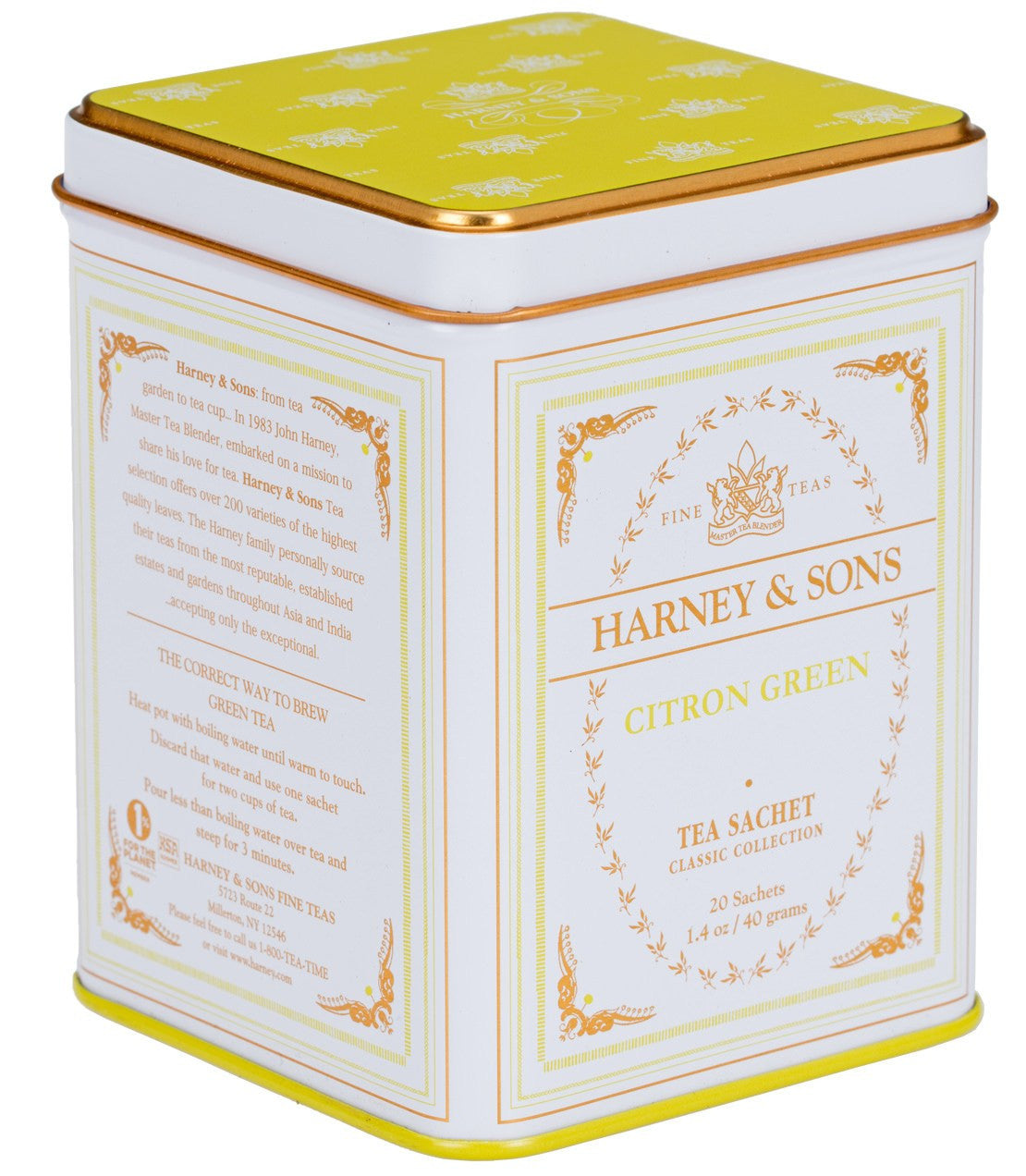 Harney & Sons Citron Green tea sachets in a classic yellow and white tin, containing 20 sachets.