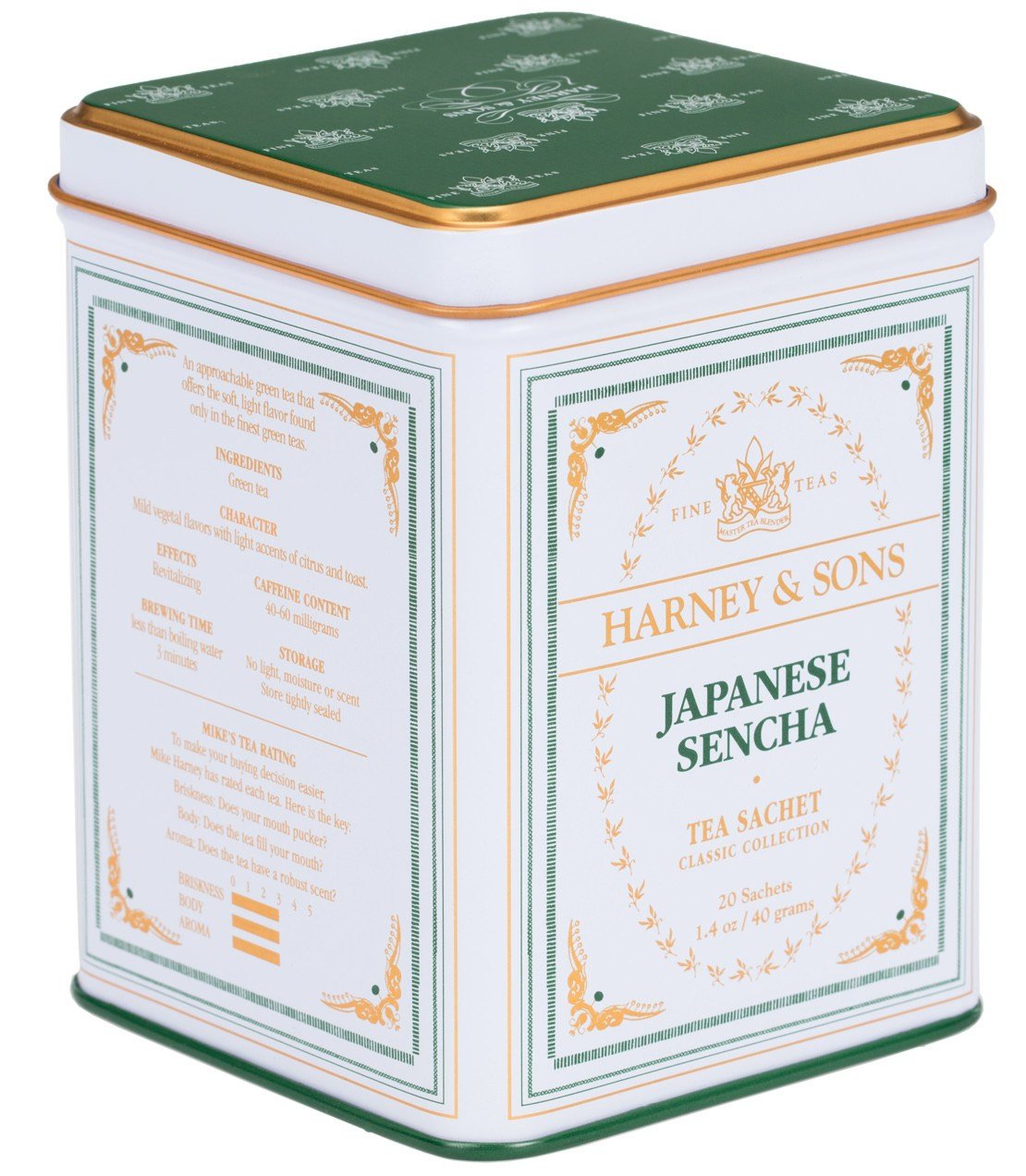 Green tin of Harney & Sons Japanese Sencha tea sachets, featuring elegant design and detailed product information.