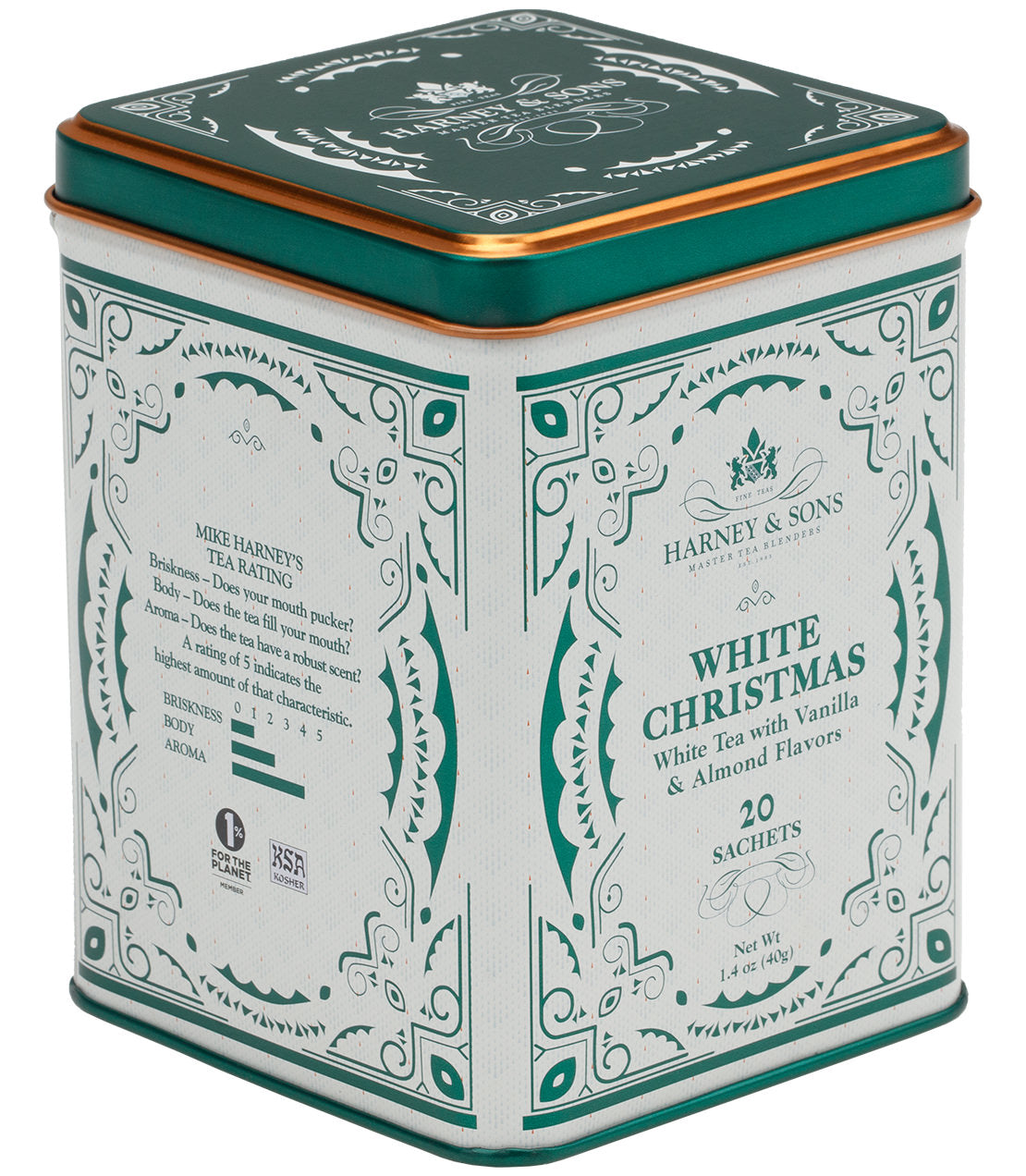 Harney & Sons White Christmas tea tin, featuring white tea with vanilla and almond flavors, contains 20 sachets.