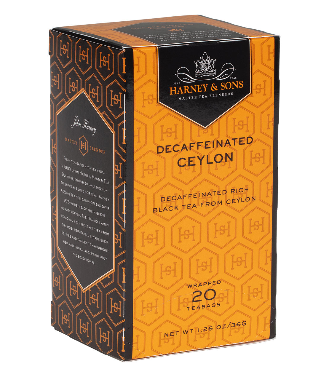 Harney & Sons Decaf Ceylon tea box, featuring orange and black design, containing 20 wrapped tea bags.