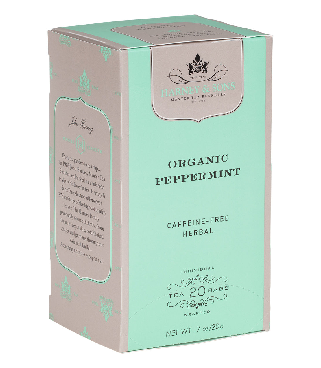 Organic Peppermint Herbal Tea, box of 20 premium teabags, caffeine-free, by Harney & Sons. Refreshing and soothing blend.