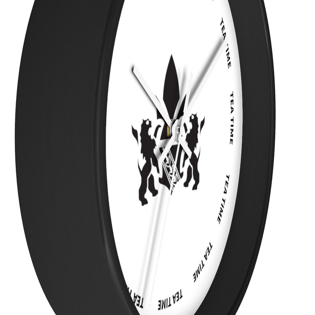 Black wall clock featuring a minimalist design with "Tea Time" text and a stylized lion graphic.