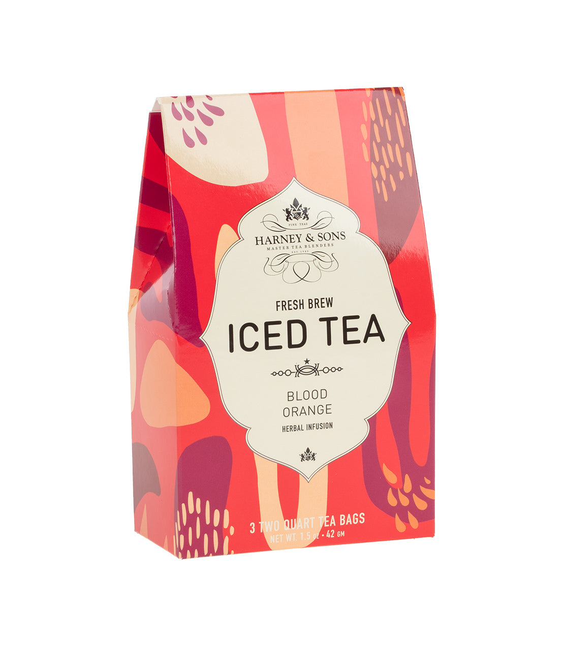 Colorful packaging of Harney & Sons Blood Orange Fresh Brew Iced Tea, featuring vibrant floral designs.