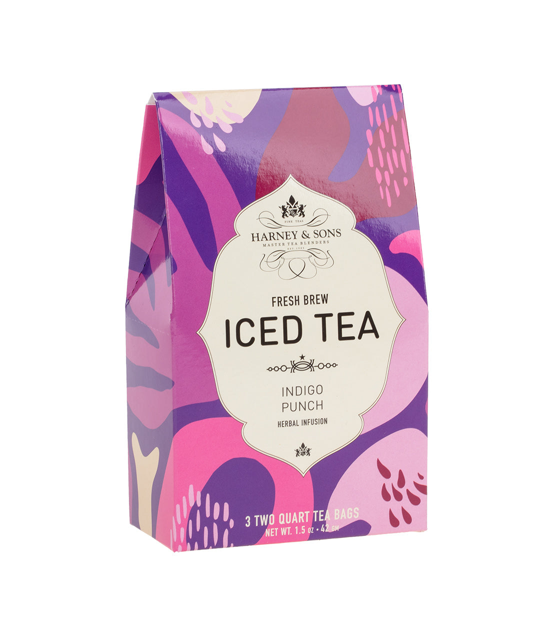 Colorful packaging of Harney & Sons Indigo Punch Fresh Brew Iced Tea, featuring vibrant purple and pink designs.