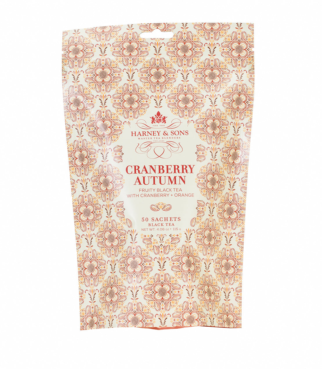 Harney & Sons Cranberry Autumn black tea package, featuring 50 sachets with a floral design.