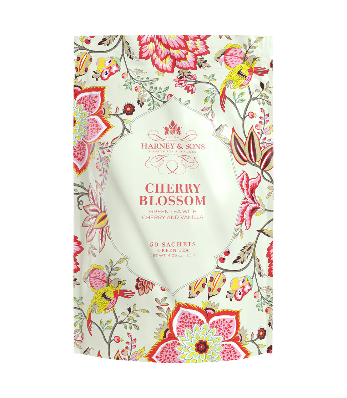 Harney & Sons Cherry Blossom green tea packaging featuring floral design, 50 sachets of cherry and vanilla blend.