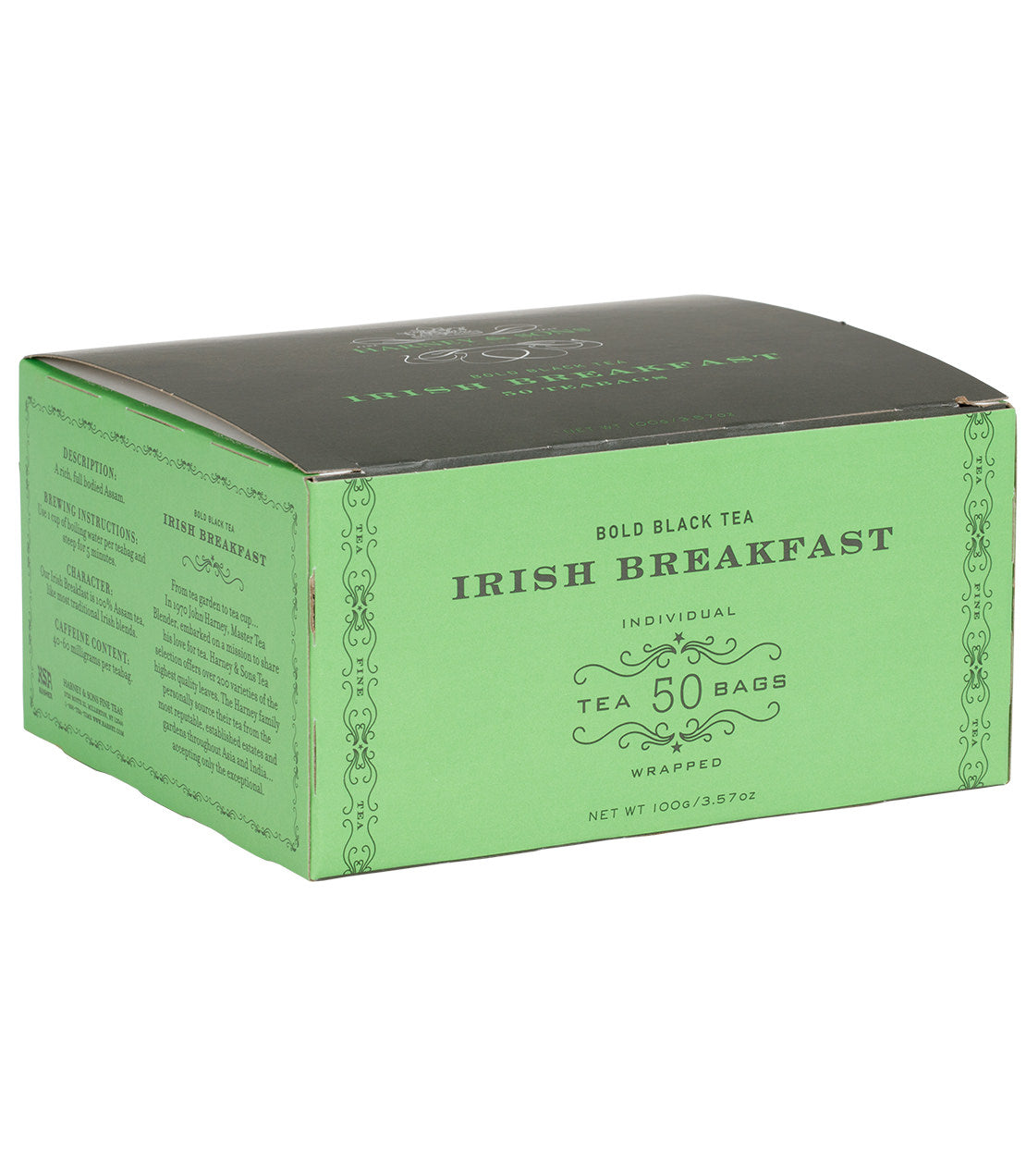 Box of Irish Breakfast tea featuring 50 foil-wrapped teabags, labeled as bold black tea.