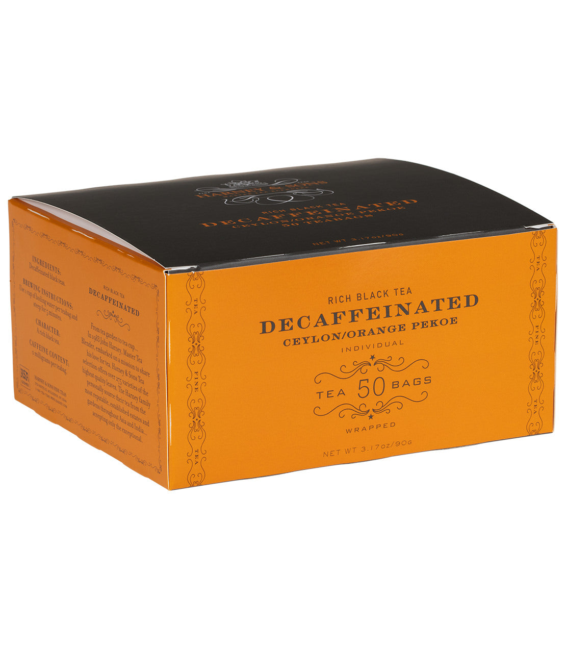 Box of Decaf Ceylon Orange Pekoe tea bags, featuring 50 individually wrapped bags for a rich, caffeine-free experience.