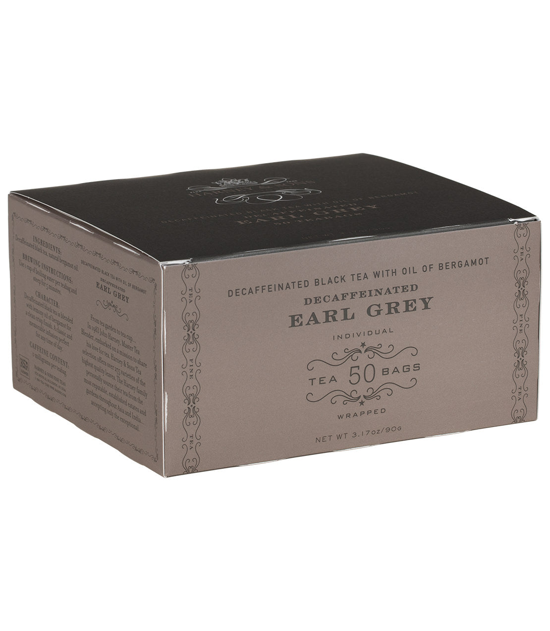 Decaf Earl Grey tea box containing 50 individually wrapped teabags, featuring black tea and bergamot oil.