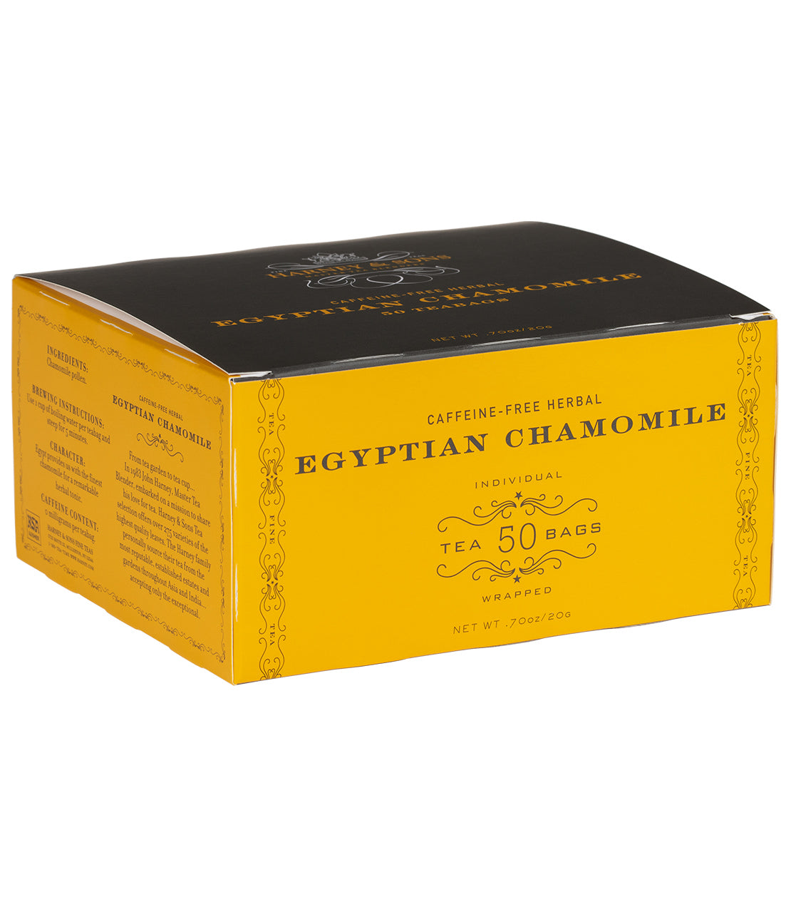 Box of 50 wrapped Egyptian Chamomile teabags, caffeine-free herbal tea, featuring a vibrant yellow design.