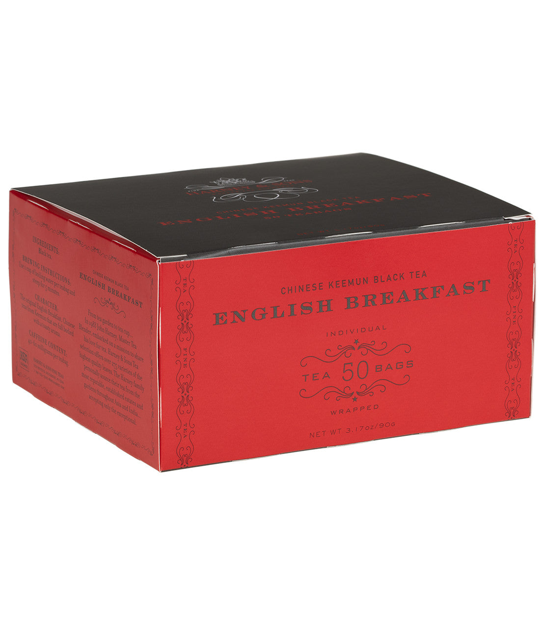 Box of 50 wrapped English Breakfast teabags, featuring Chinese Keemun black tea, in a red and black design.