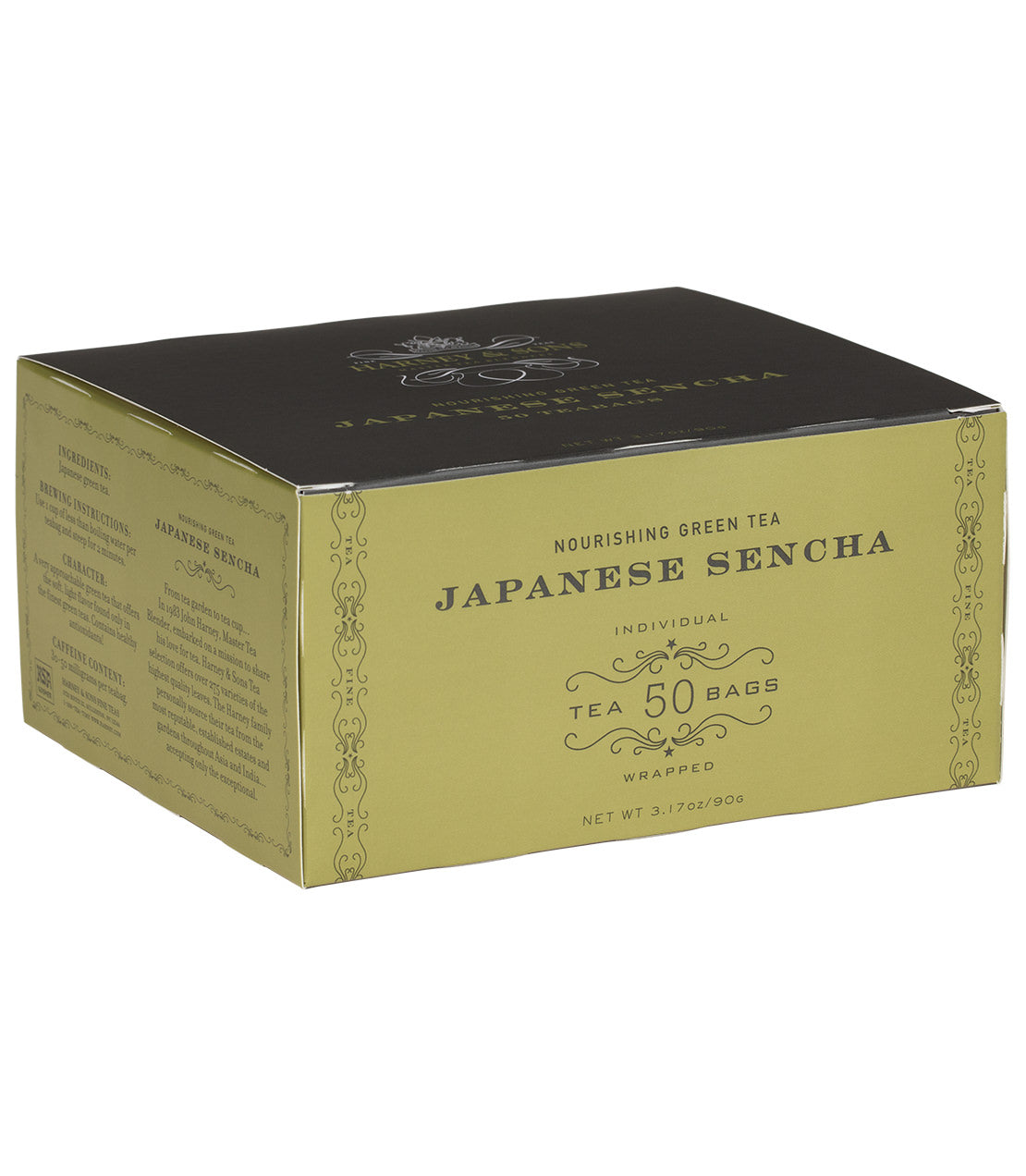Box of 50 wrapped Japanese Sencha teabags, featuring a green and gold design, ideal for a refreshing brew.