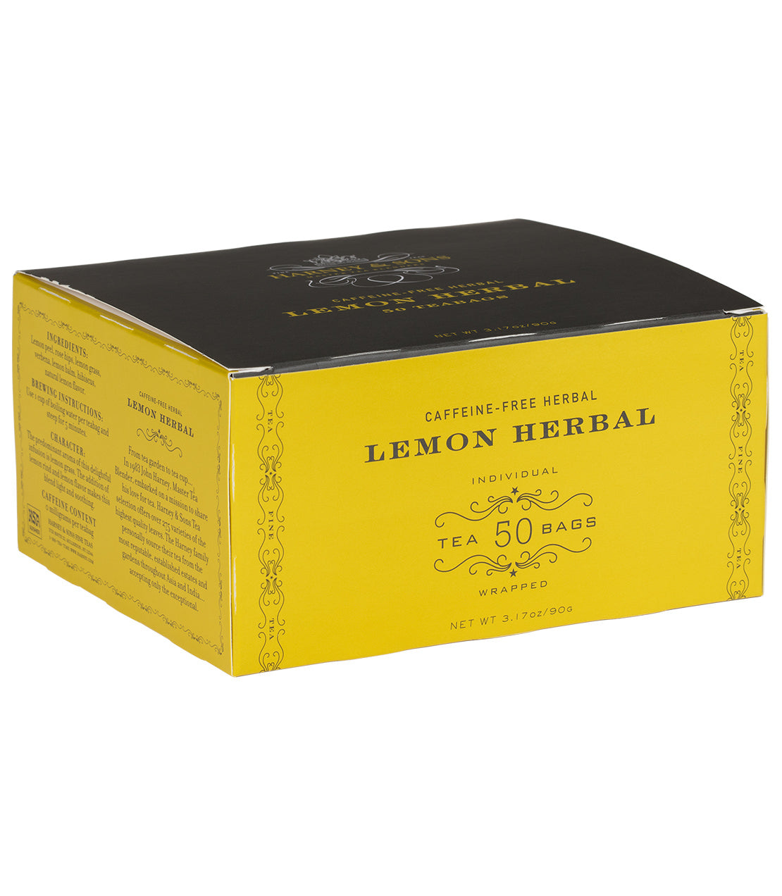 Caffeine-free Lemon Herbal tea box with 50 individually wrapped bags, featuring a vibrant yellow and black design.