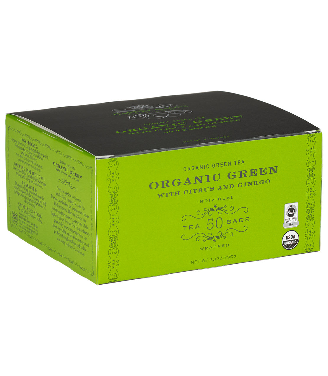 Box of 50 wrapped organic green tea bags with citrus and ginkgo, featuring a vibrant green design.
