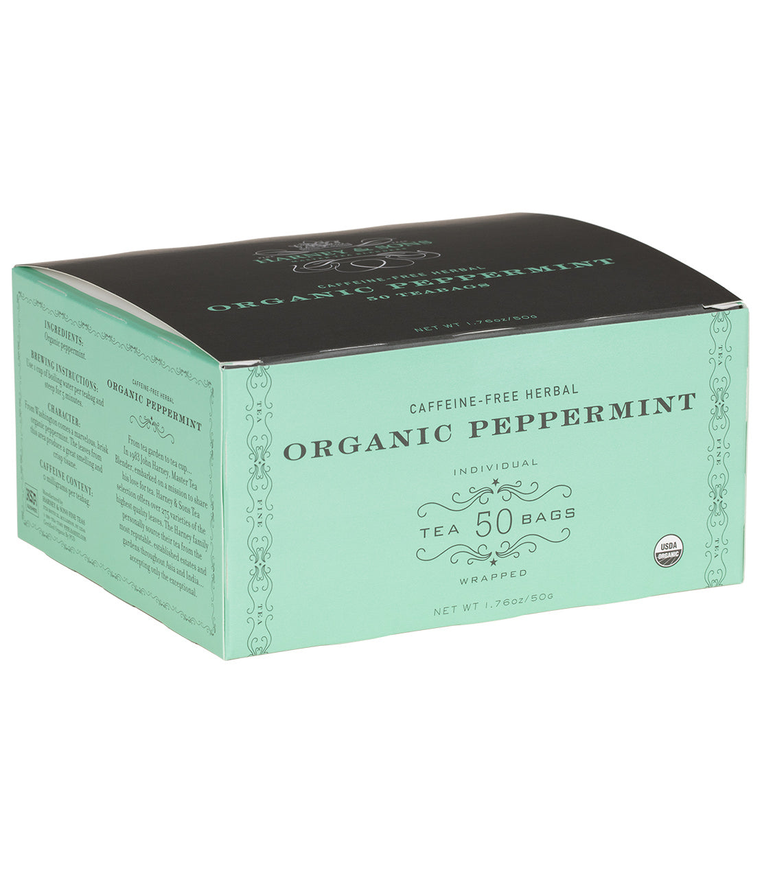 Box of organic peppermint tea bags, caffeine-free, containing 50 individually wrapped bags.
