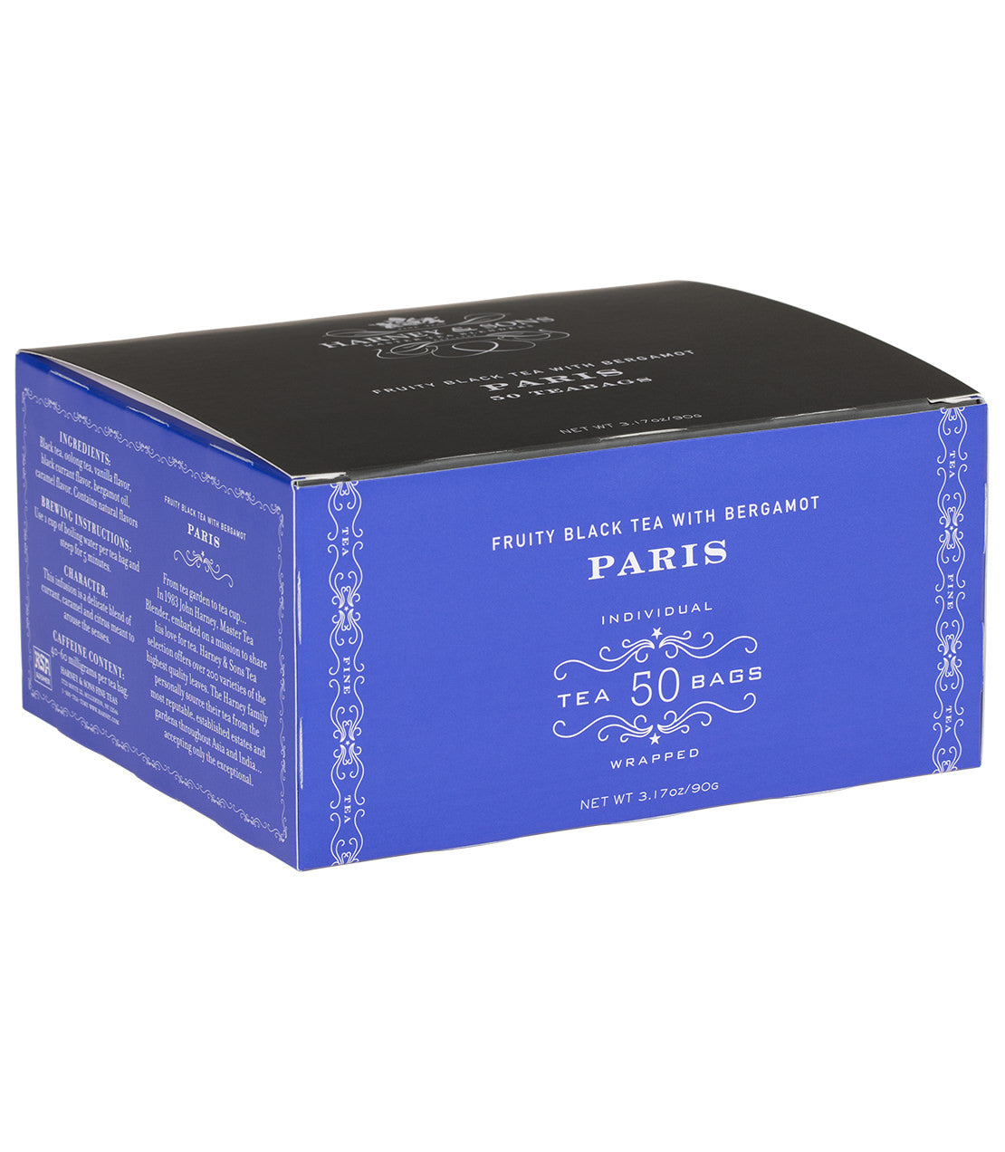 Box of Paris tea, a fruity black tea with bergamot, containing 50 individually wrapped bags.