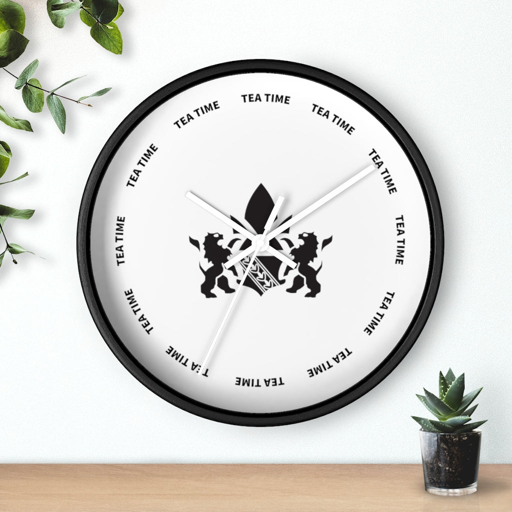 Black wall clock featuring a tea time theme with lion graphics and bold text, set against a white background.