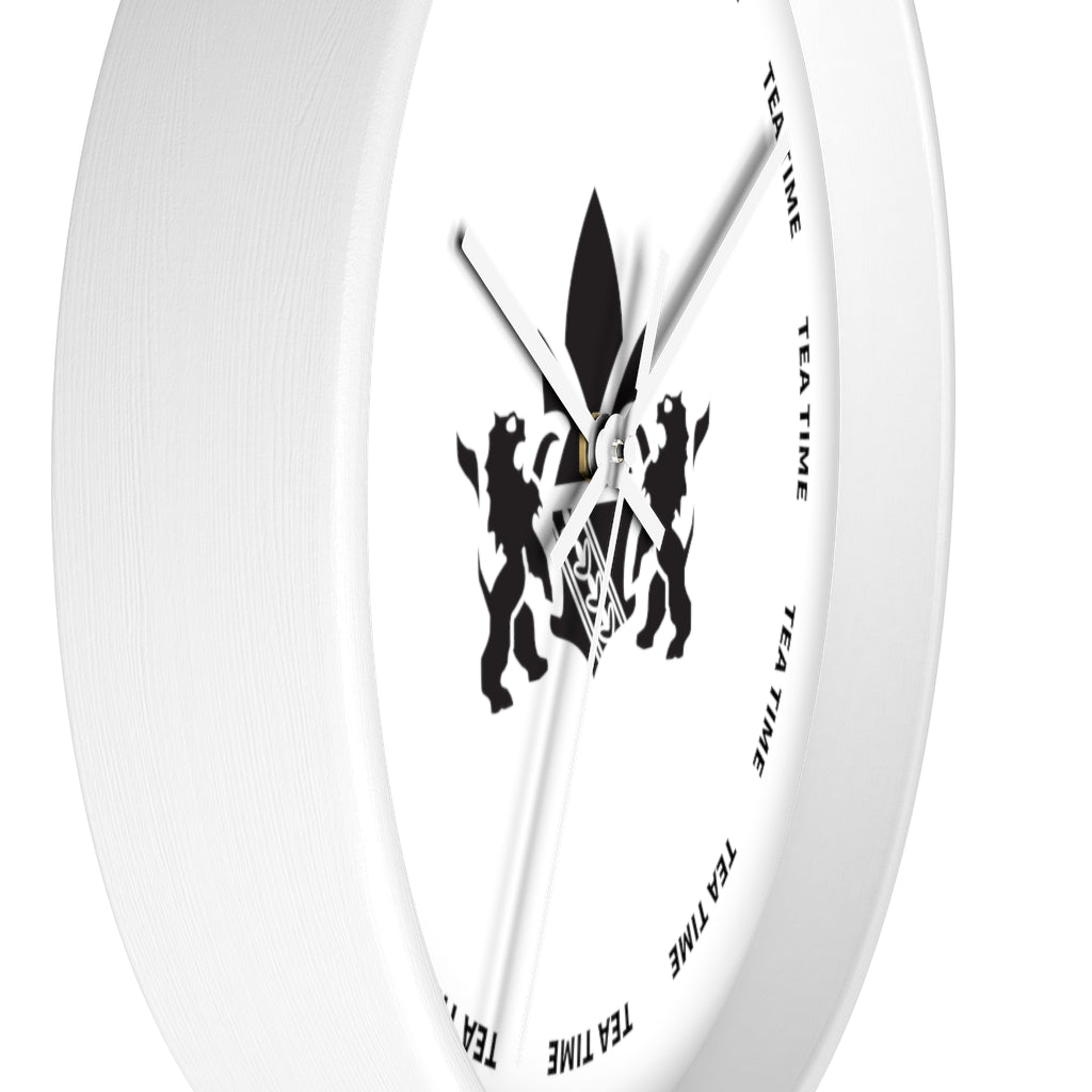 White wall clock featuring a black tea time design and bold hour markers. Ideal for home or office decor.