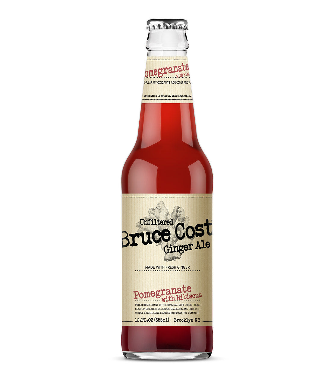 Bruce Cost Ginger Ale in a clear bottle, featuring pomegranate and hibiscus flavors, with a vintage label design.
