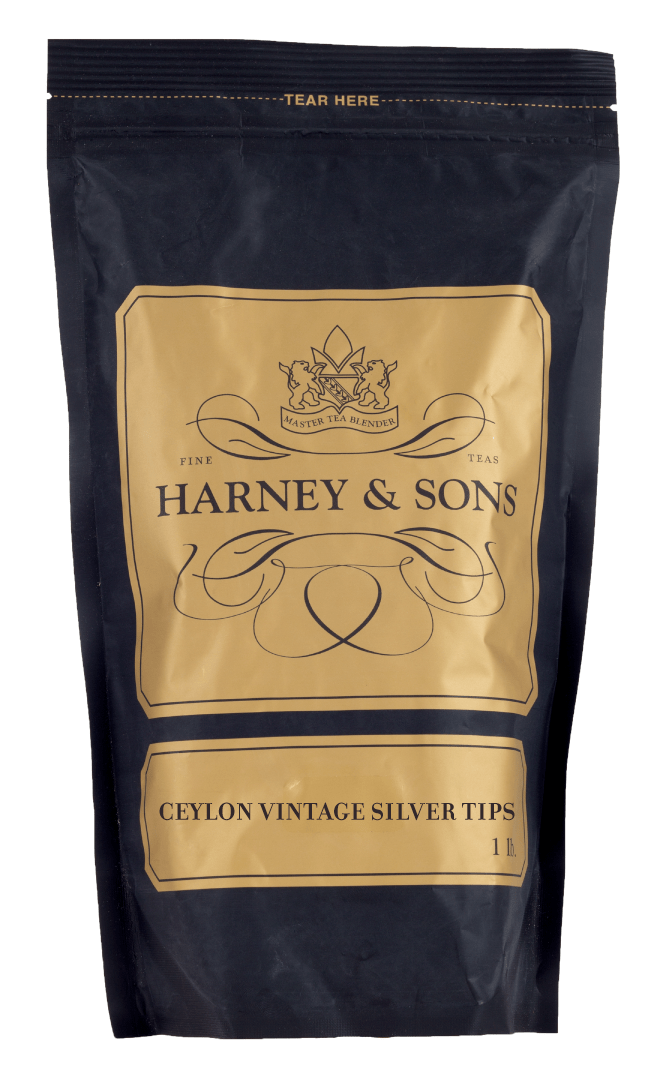 Harney & Sons Ceylon Vintage Silver Tips tea packaging, featuring a black bag with gold accents and logo.