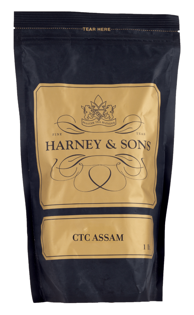 Black packaging of Harney & Sons CTC Assam tea, featuring gold accents and a tear-off top.