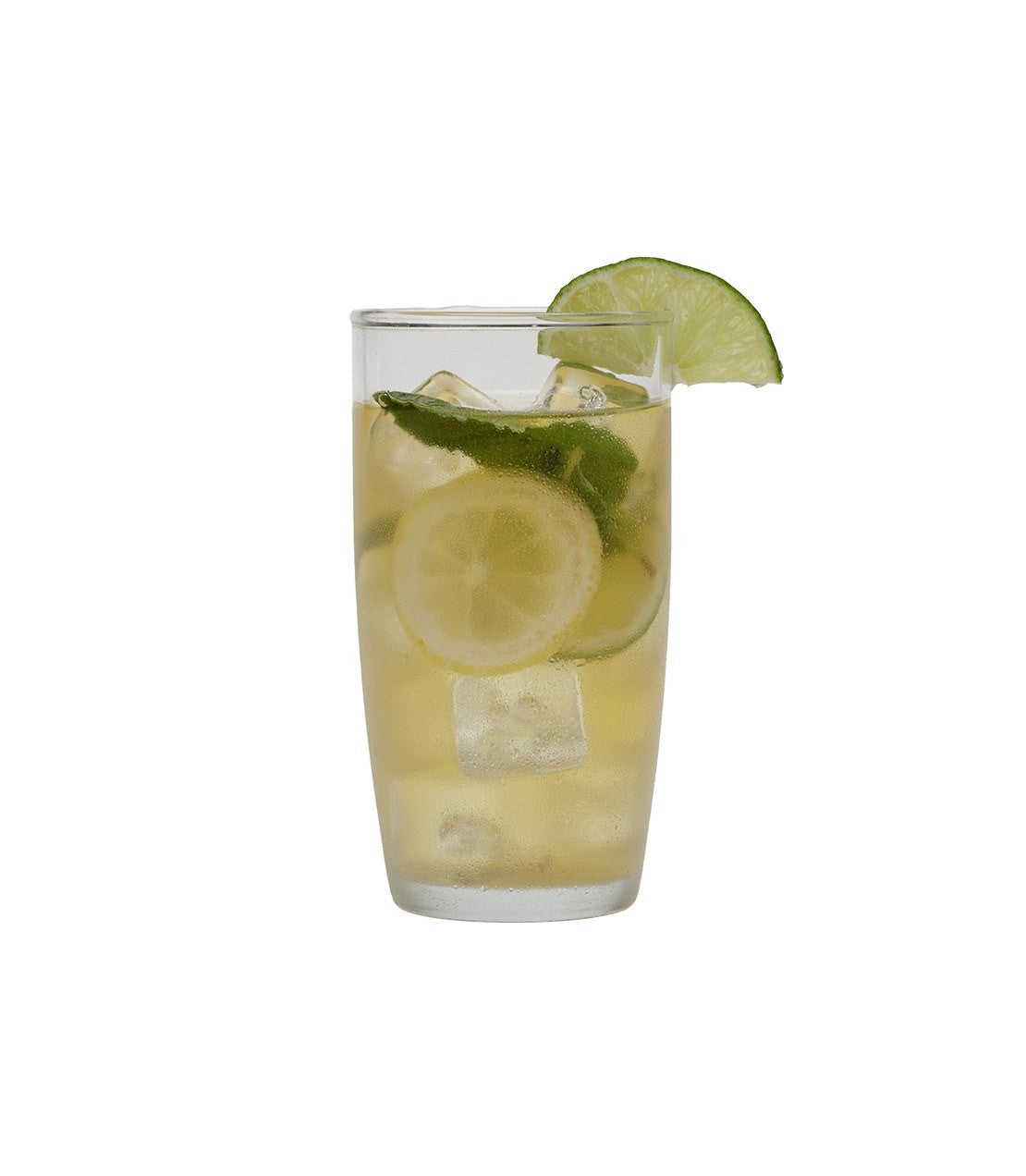 Refreshing glass of organic green iced tea with citrus and ginkgo, garnished with lemon and lime slices.