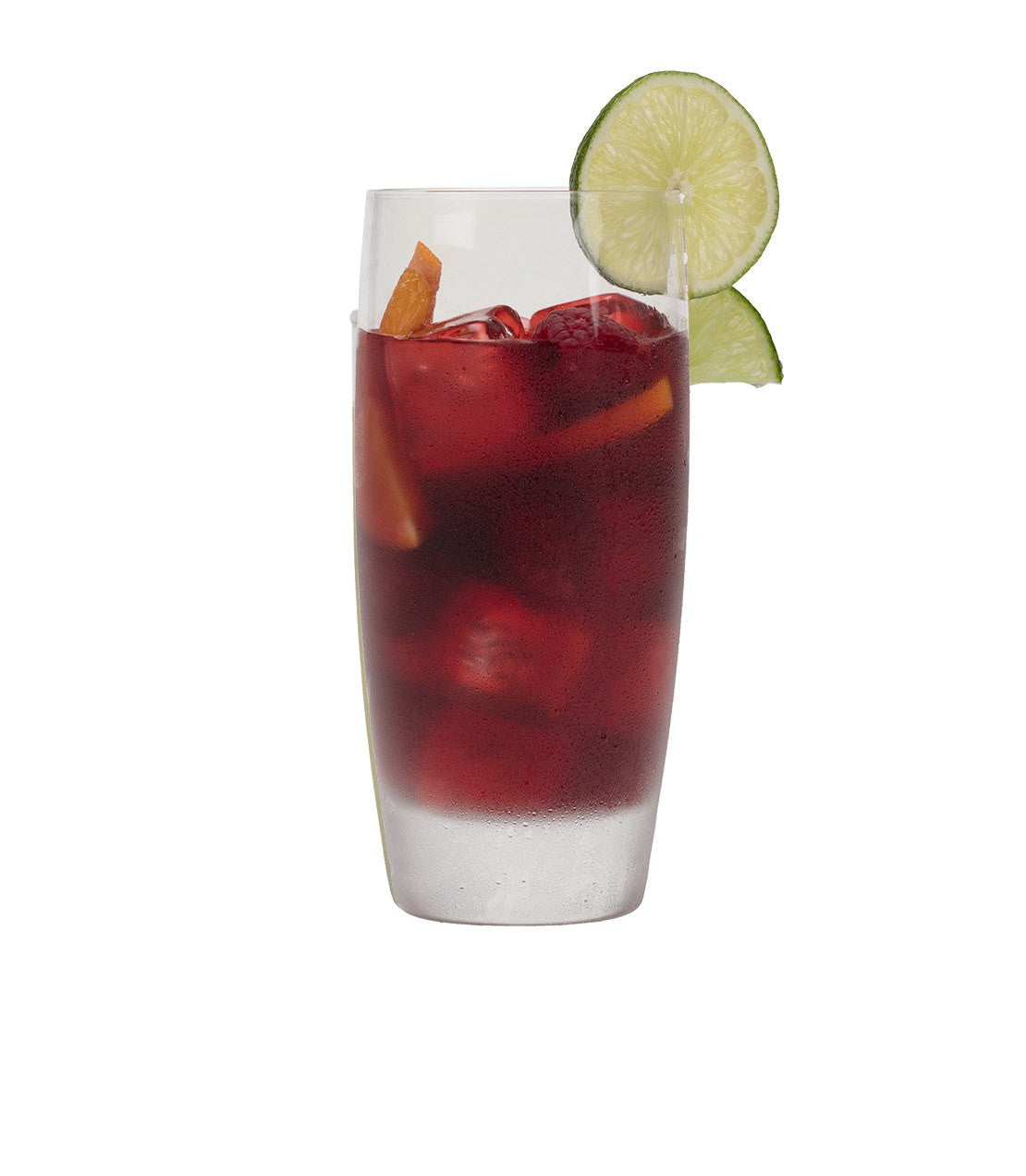 Refreshing Raspberry Herbal Fresh Brew Iced Tea in a glass, garnished with lime and ice cubes.