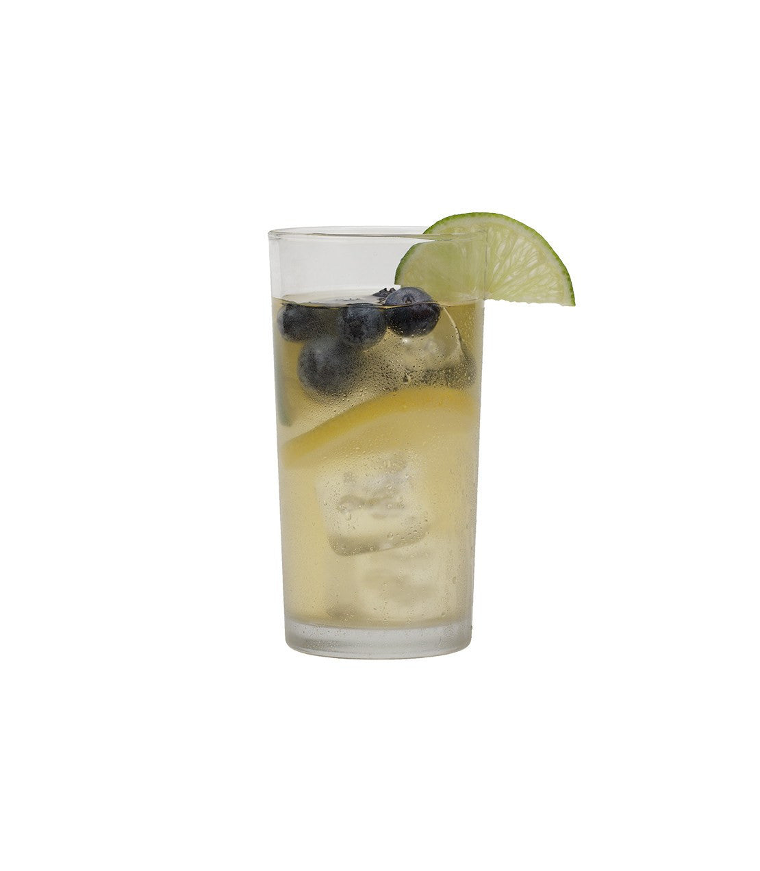 Tall glass of Blueberry Green Fresh Brew Iced Tea with blueberries, lime slice, and ice cubes. Refreshing beverage.