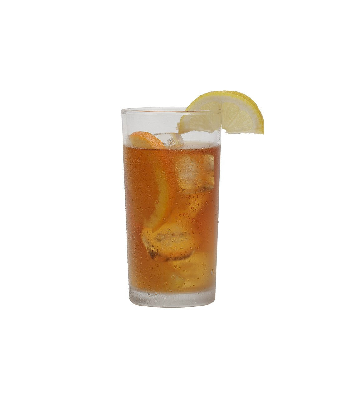 Glass of organic plain black iced tea with lemon slice and ice cubes, refreshing beverage on a white background.