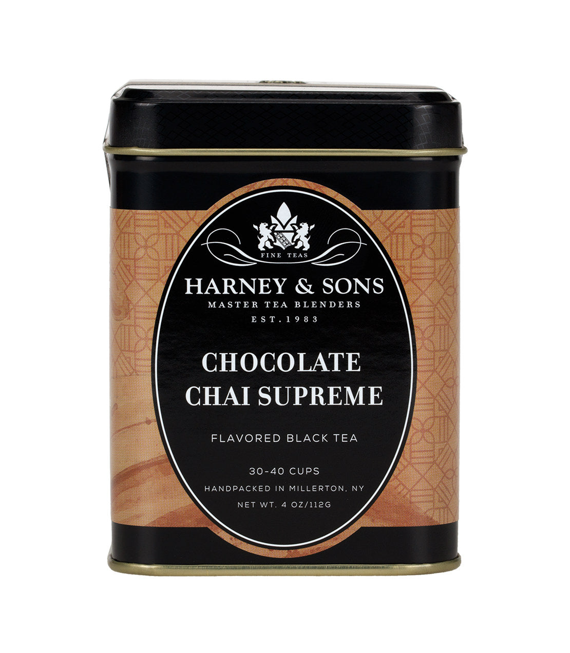 Harney & Sons Chocolate Chai Supreme tea tin, 4 oz, featuring a black and gold design, ideal for 30-40 cups.