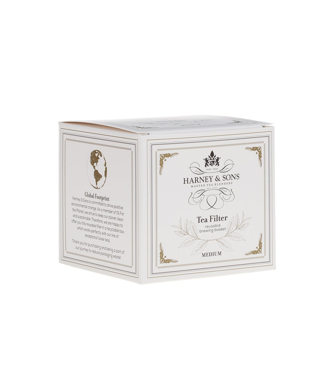 Harney & Sons medium permanent tea filter box, featuring elegant design and global footprint information.