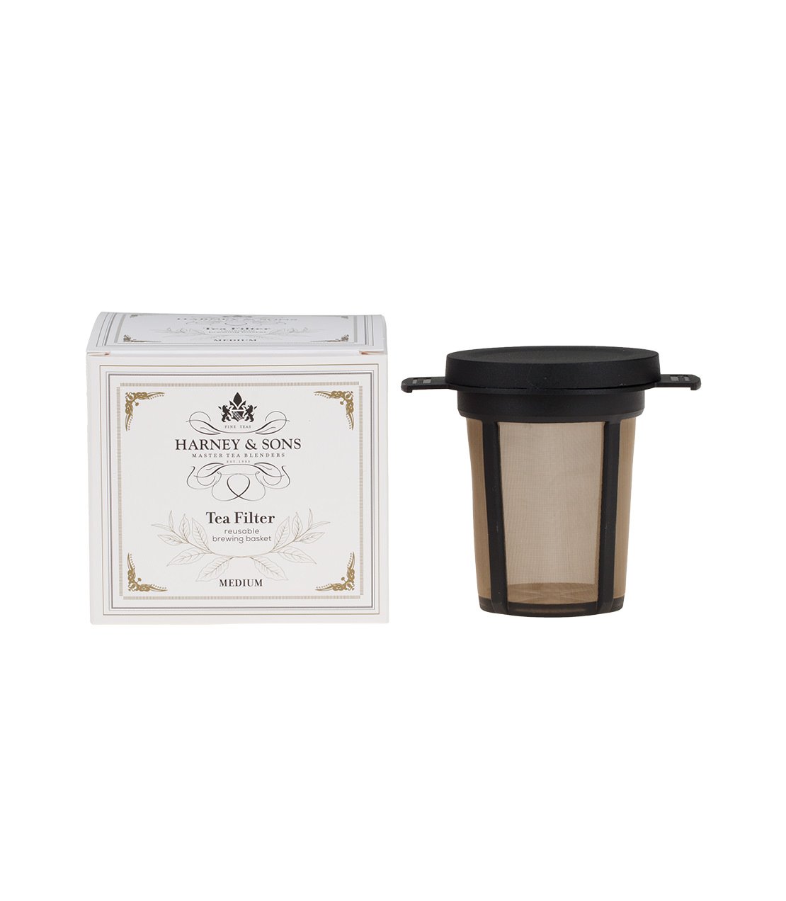 Harney & Sons medium permanent tea filter with a black lid, next to its decorative box.