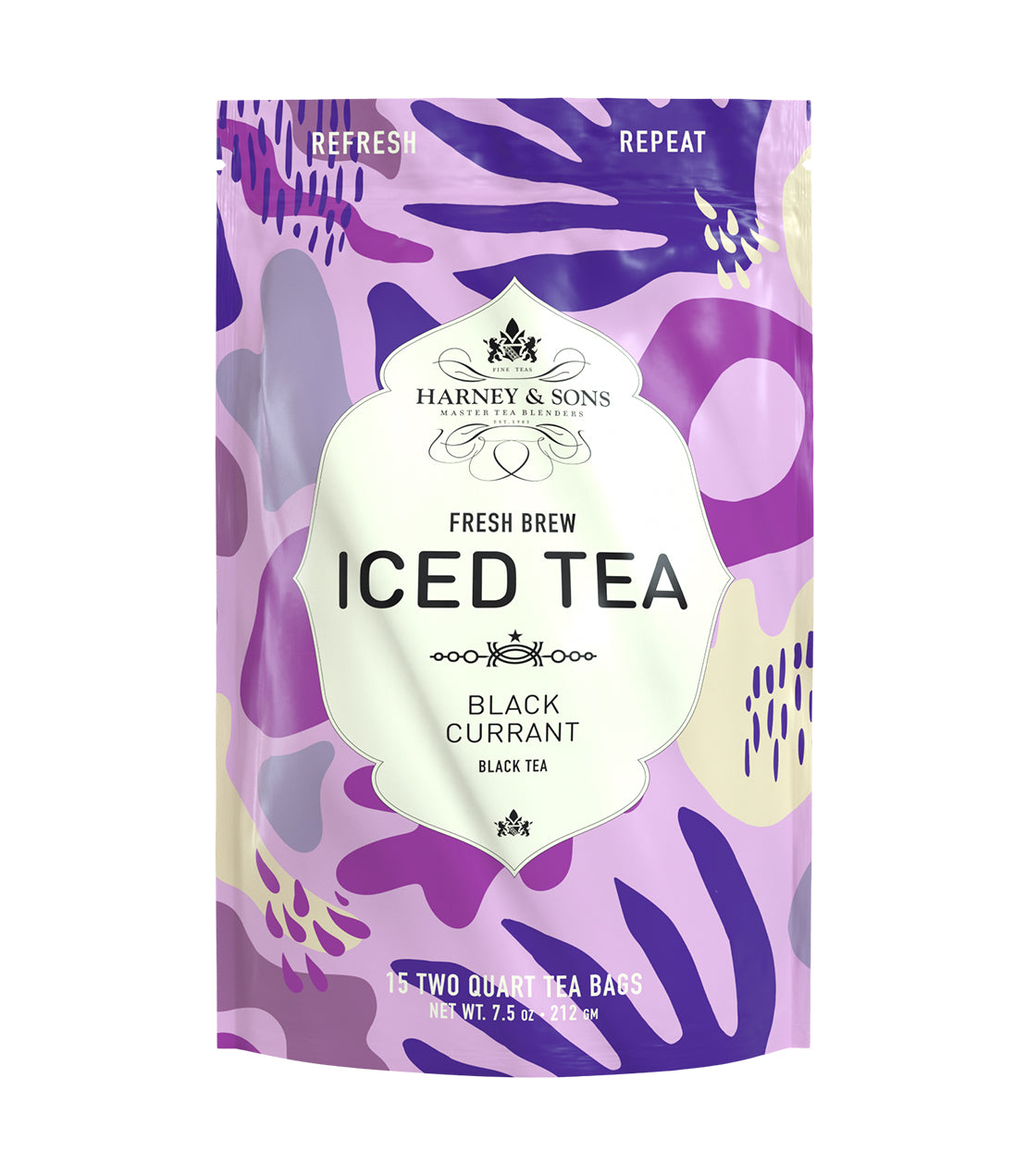 Harney & Sons Black Currant Iced Tea packaging, featuring vibrant purple design and 15 tea bags for refreshing drinks.