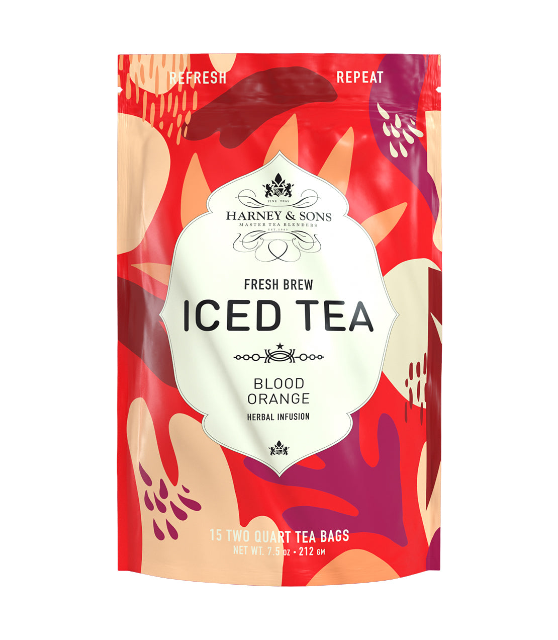 Brightly designed packaging for Harney & Sons Blood Orange Fresh Brew Iced Tea, featuring 15 tea bags for two-quart servings.