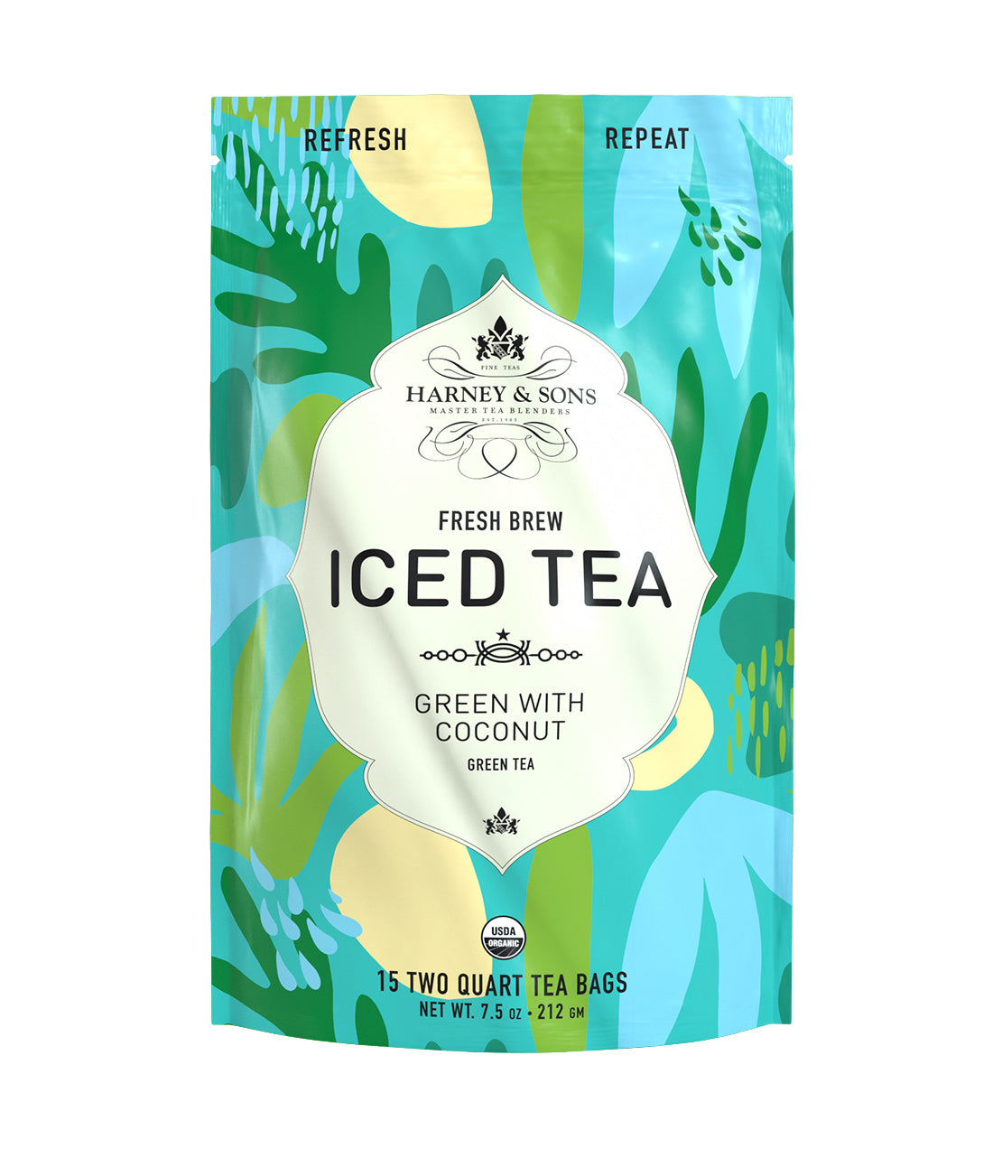 Organic Green with Coconut Fresh Brew Iced Tea packaging featuring vibrant green and tropical designs.