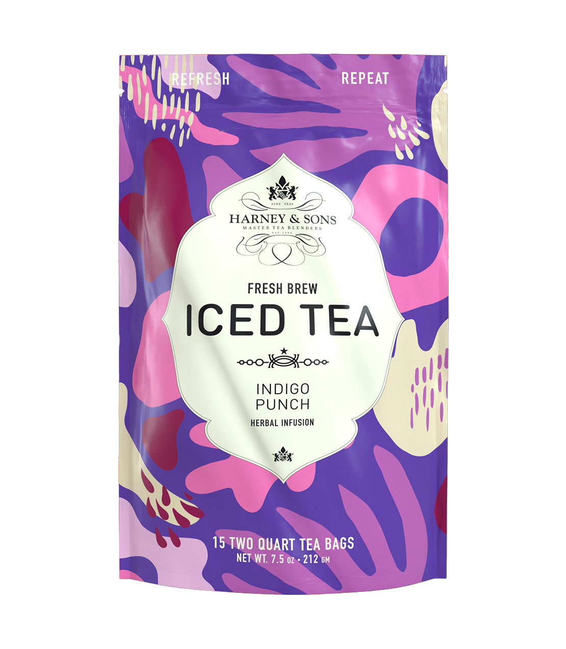 Colorful packaging of Harney & Sons Indigo Punch Fresh Brew Iced Tea, featuring 15 tea bags for herbal infusion.