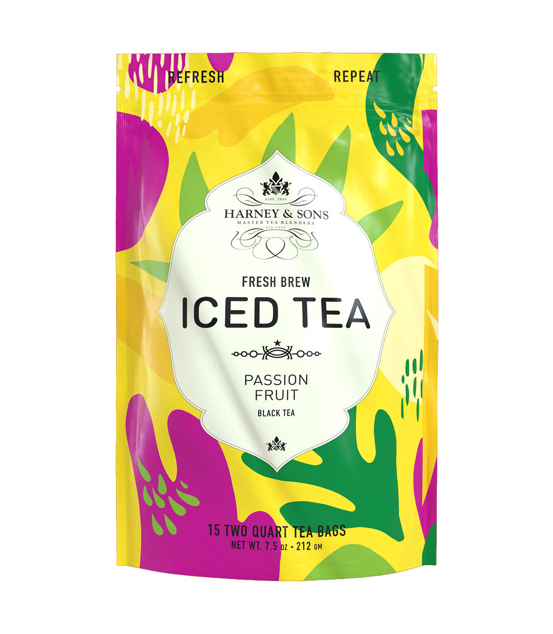 Colorful packaging of Harney & Sons Passion Fruit Fresh Brew Iced Tea, featuring 15 tea bags for refreshing beverages.