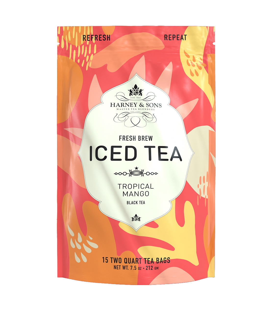 Brightly colored packaging for Harney & Sons Tropical Mango Fresh Brew Iced Tea, featuring 15 tea bags.