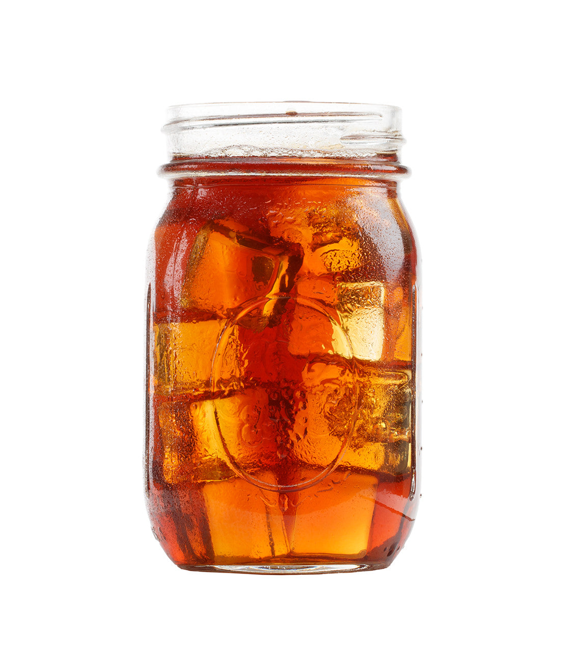 A jar of Soothing Vanilla Fresh Brew Iced Tea filled with ice cubes, showcasing its rich amber color.