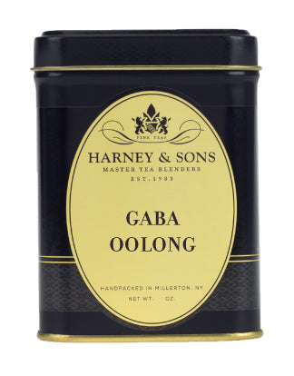 Black tin container of Gaba Oolong tea by Harney & Sons, featuring elegant gold accents and text.