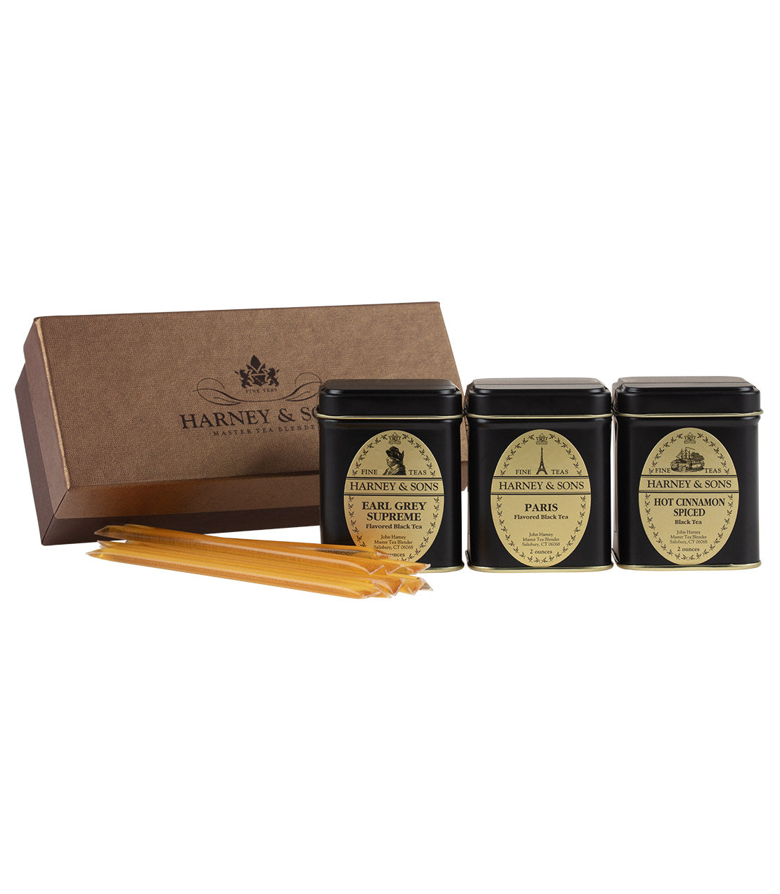 Harney & Sons Best Sellers & Honey Gift Junior set with three tea tins and honey sticks in a decorative box.