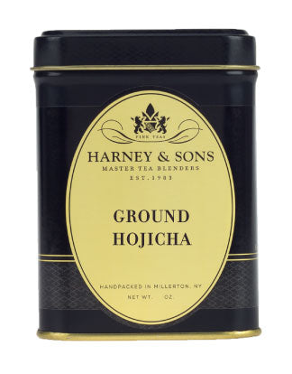 Black tin of Harney & Sons Ground Hojicha tea, featuring elegant gold label and logo, 2 oz. size.