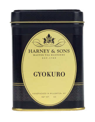Black tin canister of Harney & Sons Gyokuro tea, featuring elegant label and gold accents.