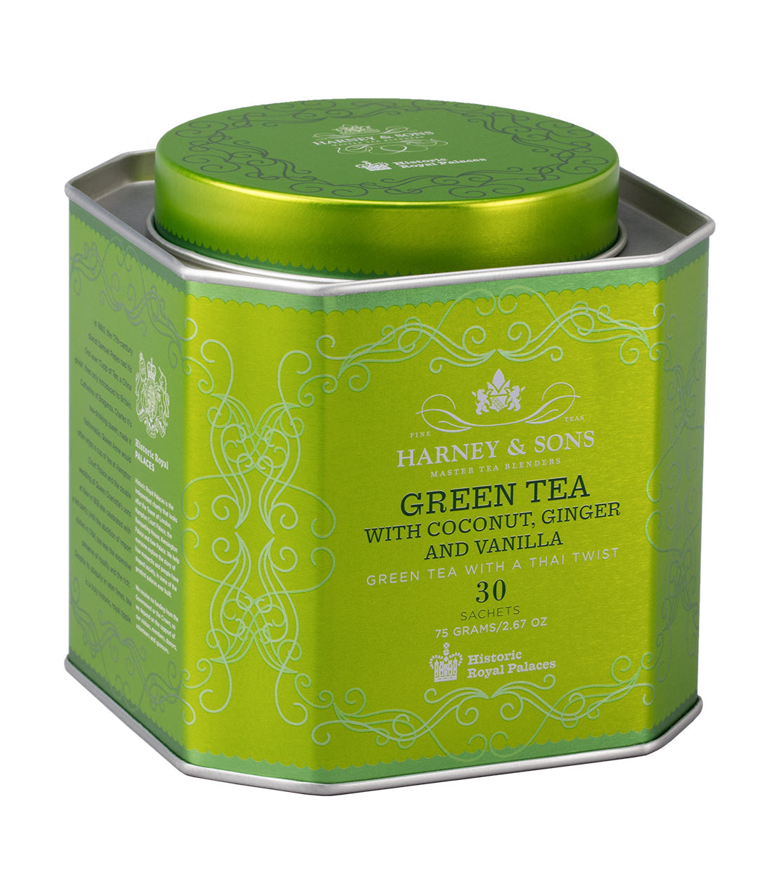 Green tea tin featuring coconut, ginger, and vanilla, containing 30 sachets by Harney & Sons.