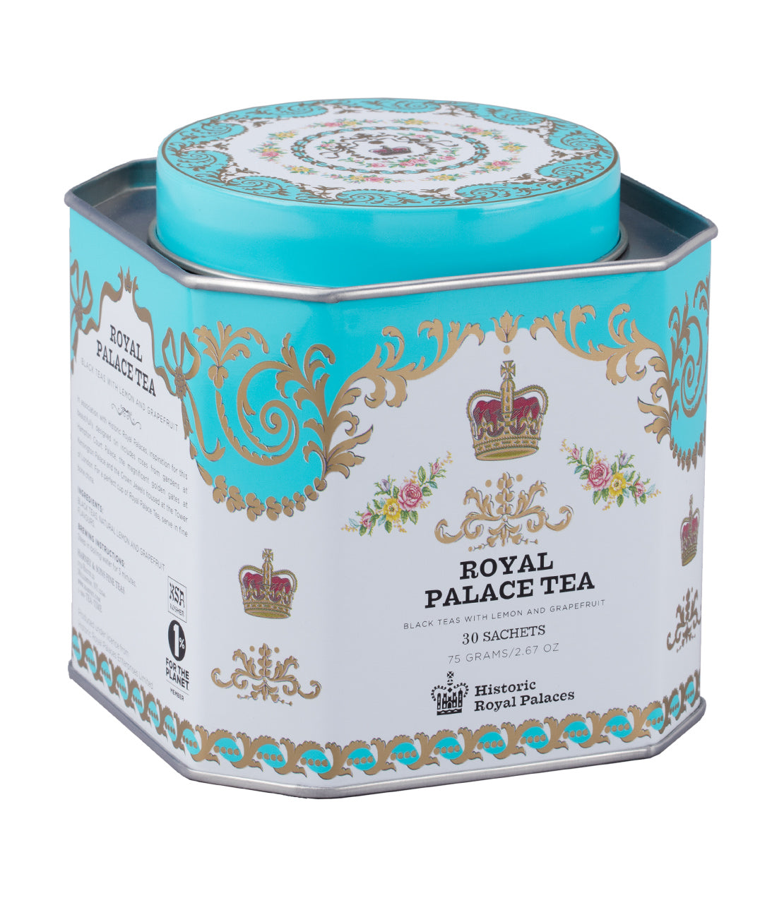 Royal Palace Tea tin featuring ornate design, containing 30 sachets of black tea with lemon and grapefruit.