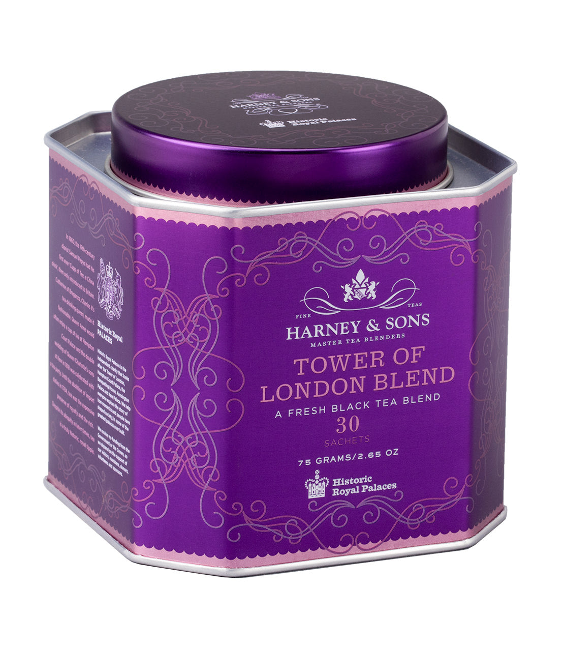 "Harney & Sons Tower of London Blend tea tin with 30 sachets, featuring a purple design and historic branding.